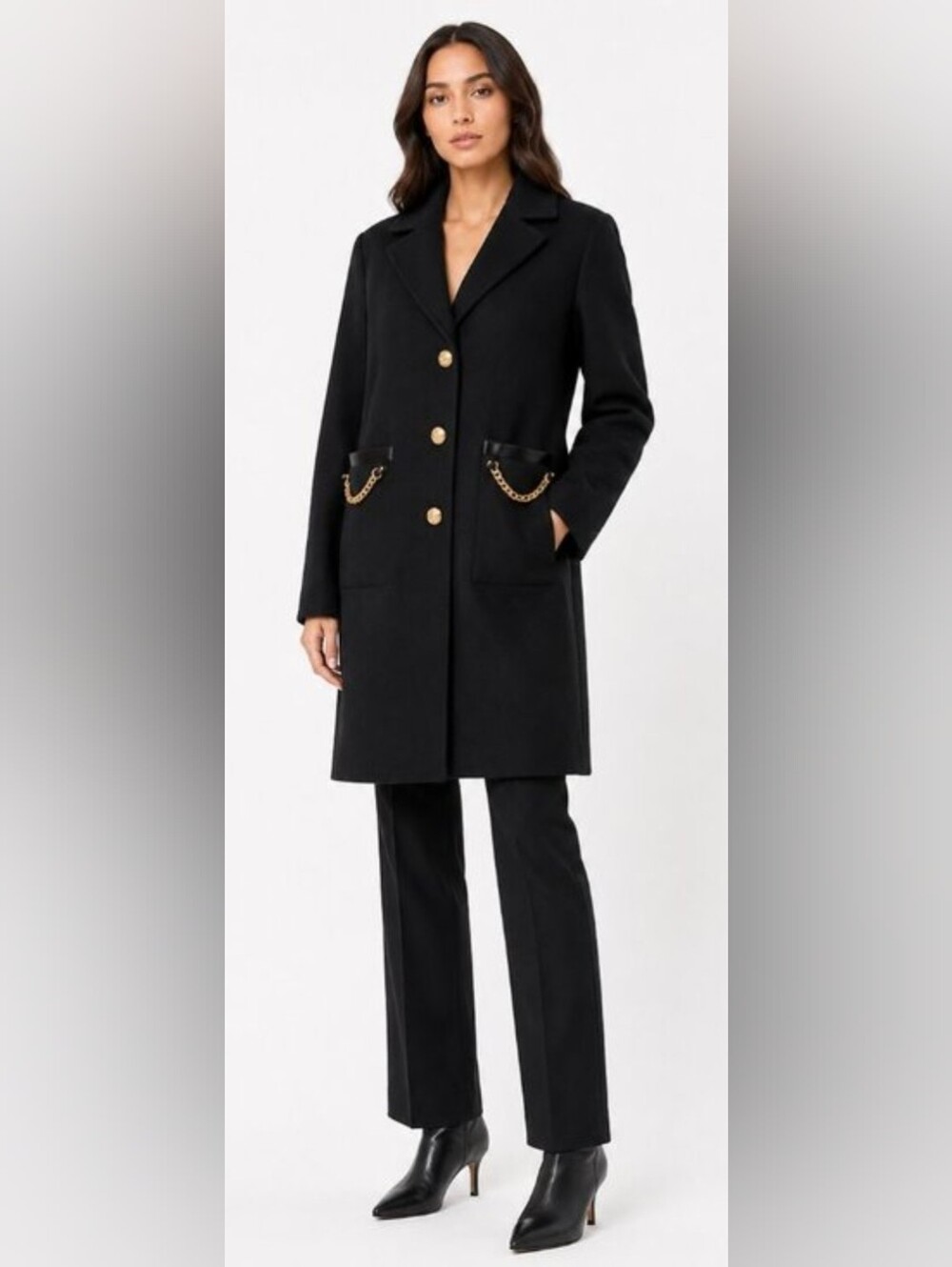 Karl Lagerfeld Paris black wool blend trench coat, Medium, Black
